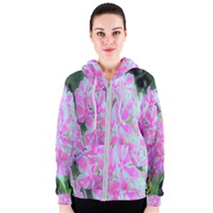 Hot Pink And White Peppermint Twist Garden Phlox Women s Zipper Hoodie by myrubiogarden