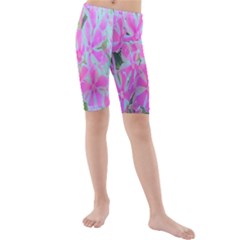 Hot Pink And White Peppermint Twist Garden Phlox Kids  Mid Length Swim Shorts by myrubiogarden