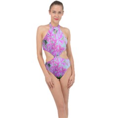 Hot Pink And White Peppermint Twist Garden Phlox Halter Side Cut Swimsuit