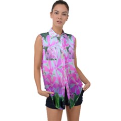 Hot Pink And White Peppermint Twist Garden Phlox Sleeveless Chiffon Button Shirt