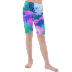 Pink, Green, Blue And White Garden Phlox Flowers Kids  Mid Length Swim Shorts