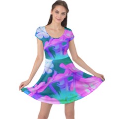 Pink, Green, Blue And White Garden Phlox Flowers Cap Sleeve Dress