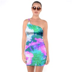 Pink, Green, Blue And White Garden Phlox Flowers One Soulder Bodycon Dress
