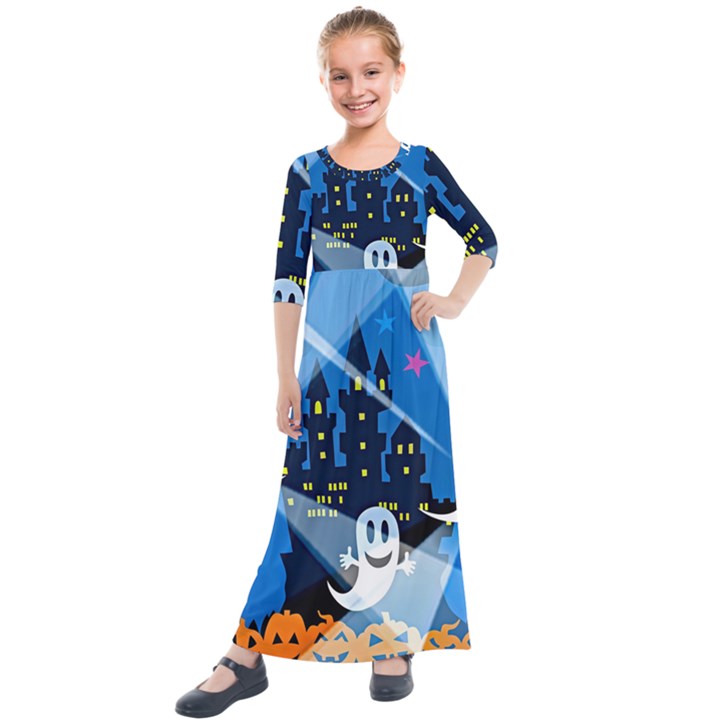 Halloween Ghosts Haunted House Kids  Quarter Sleeve Maxi Dress