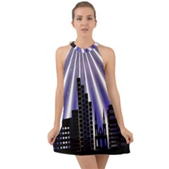 Superhero Background Lights City Halter Tie Back Chiffon Dress