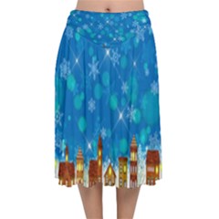 Winter Village Snow Brick Buildings Velvet Flared Midi Skirt by Wegoenart