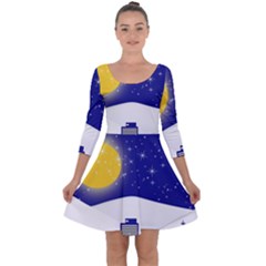 Night Christmas Background Moon Snow Quarter Sleeve Skater Dress by Wegoenart