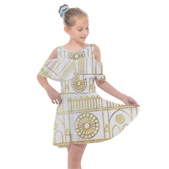 Gold Foil Notre Dame Church Paris Kids  Shoulder Cutout Chiffon Dress by Wegoenart