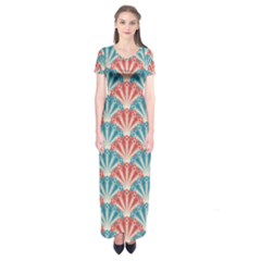 Seamless Patter Peacock Feathers Short Sleeve Maxi Dress