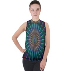 Fractal Peacock Rendering Mock Neck Chiffon Sleeveless Top by Wegoenart