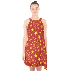 Star Stars Pattern Design Halter Collar Waist Tie Chiffon Dress