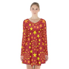 Star Stars Pattern Design Long Sleeve Velvet V-neck Dress by Simbadda