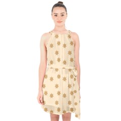 Pattern Gingerbread Star Halter Collar Waist Tie Chiffon Dress