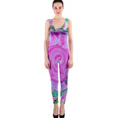 Groovy Pink, Blue And Green Abstract Liquid Art One Piece Catsuit by myrubiogarden