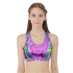 Groovy Pink, Blue And Green Abstract Liquid Art Sports Bra With Border