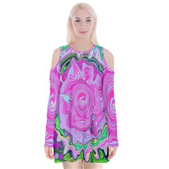 Groovy Pink, Blue And Green Abstract Liquid Art Velvet Long Sleeve Shoulder Cutout Dress by myrubiogarden