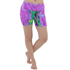 Groovy Pink, Blue And Green Abstract Liquid Art Lightweight Velour Yoga Shorts by myrubiogarden