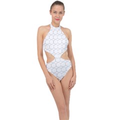 Honeycomb Pattern Black And White Halter Side Cut Swimsuit by picsaspassion