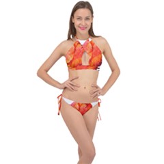 Red Tulip And Black Stripes Cross Front Halter Bikini Set by picsaspassion