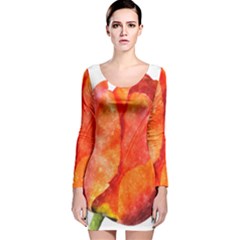 Red Tulip, Watercolor Art Long Sleeve Velvet Bodycon Dress by picsaspassion