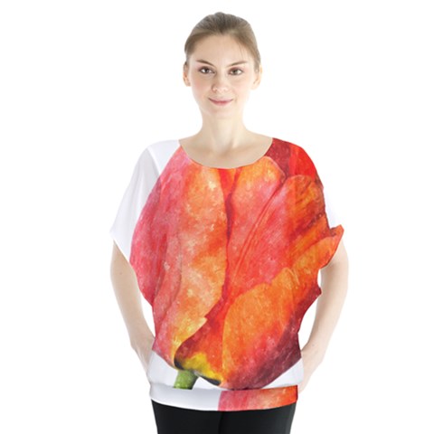 Red Tulip, Watercolor Art Batwing Chiffon Blouse by picsaspassion