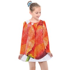 Red Tulip, Watercolor Art Kids  Long Sleeve Dress by picsaspassion