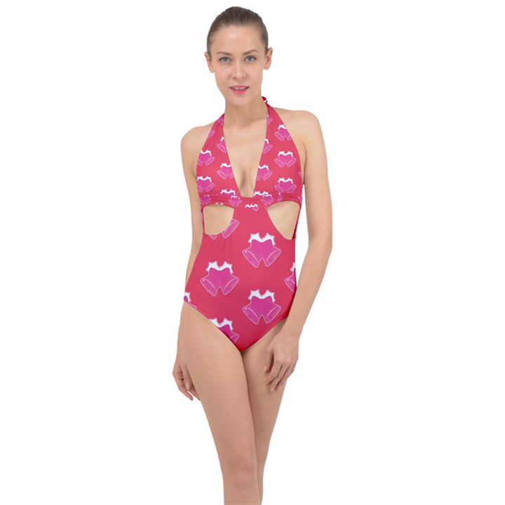 Christmas Red Pattern Reasons Halter Front Plunge Swimsuit