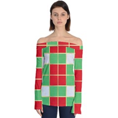 Christmas Fabric Textile Red Green Off Shoulder Long Sleeve Top by Wegoenart