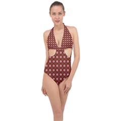 Christmas Paper Wrapping Pattern Halter Front Plunge Swimsuit by Wegoenart
