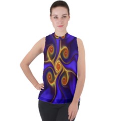 Fractal Neon Blue Bright Fantasy Mock Neck Chiffon Sleeveless Top by Wegoenart