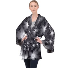 Black And White Floral Fractal Velvet Kimono Robe by Wegoenart