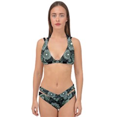 Fractal Green Lace Pattern Circle Double Strap Halter Bikini Set by Wegoenart