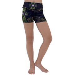 Fractal Green Tin Pattern Texture Kids  Lightweight Velour Yoga Shorts by Wegoenart