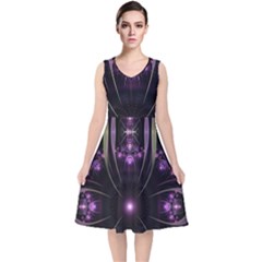 Fractal Purple Elements Violet V-Neck Midi Sleeveless Dress 