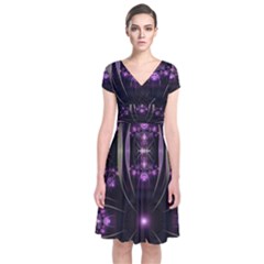 Fractal Purple Elements Violet Short Sleeve Front Wrap Dress