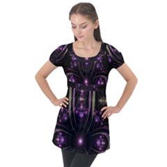 Fractal Purple Elements Violet Puff Sleeve Tunic Top