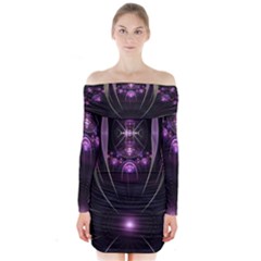 Fractal Purple Elements Violet Long Sleeve Off Shoulder Dress