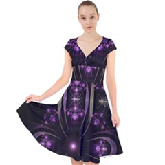 Fractal Purple Elements Violet Cap Sleeve Front Wrap Midi Dress