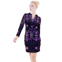 Fractal Purple Elements Violet Button Long Sleeve Dress