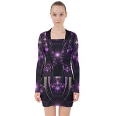Fractal Purple Elements Violet V-neck Bodycon Long Sleeve Dress
