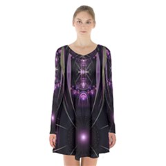 Fractal Purple Elements Violet Long Sleeve Velvet V-neck Dress