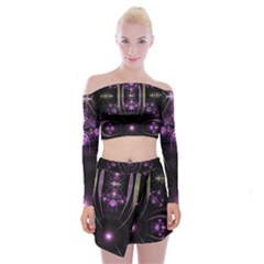 Fractal Purple Elements Violet Off Shoulder Top with Mini Skirt Set