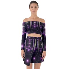 Fractal Purple Elements Violet Off Shoulder Top with Skirt Set