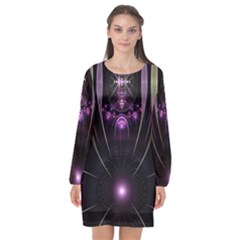 Fractal Purple Elements Violet Long Sleeve Chiffon Shift Dress 