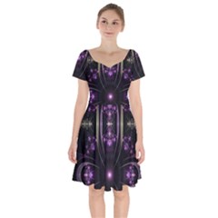 Fractal Purple Elements Violet Short Sleeve Bardot Dress