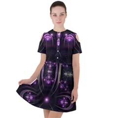 Fractal Purple Elements Violet Short Sleeve Shoulder Cut Out Dress 