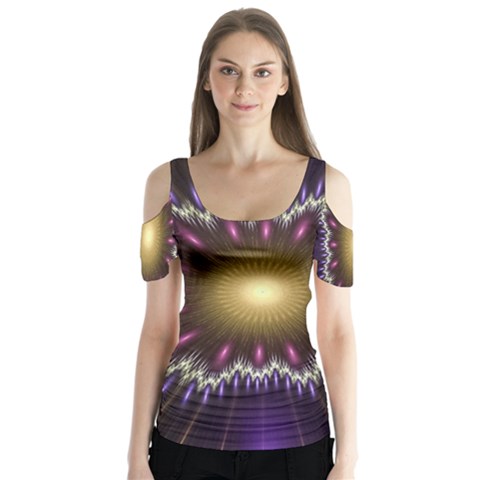 Fractal Rays Geometry Space Glow Butterfly Sleeve Cutout Tee  by Wegoenart