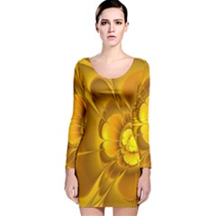 Fractal Yellow Flower Floral Long Sleeve Velvet Bodycon Dress by Wegoenart