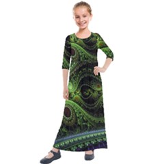 Fractal Green Gears Fantasy Kids  Quarter Sleeve Maxi Dress