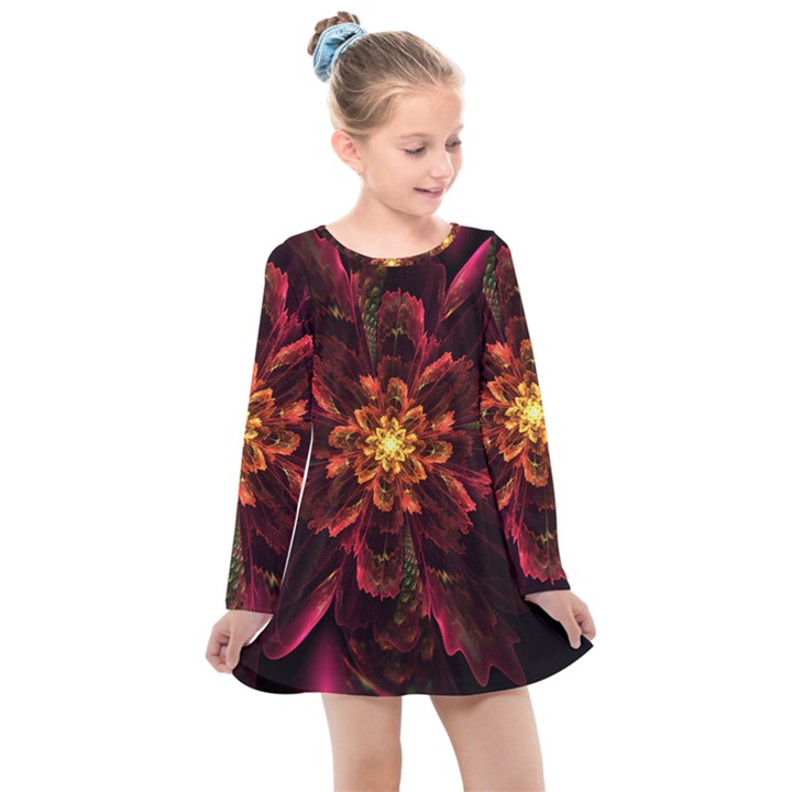 Floral Fractal Glow Flower Design Kids  Long Sleeve Dress